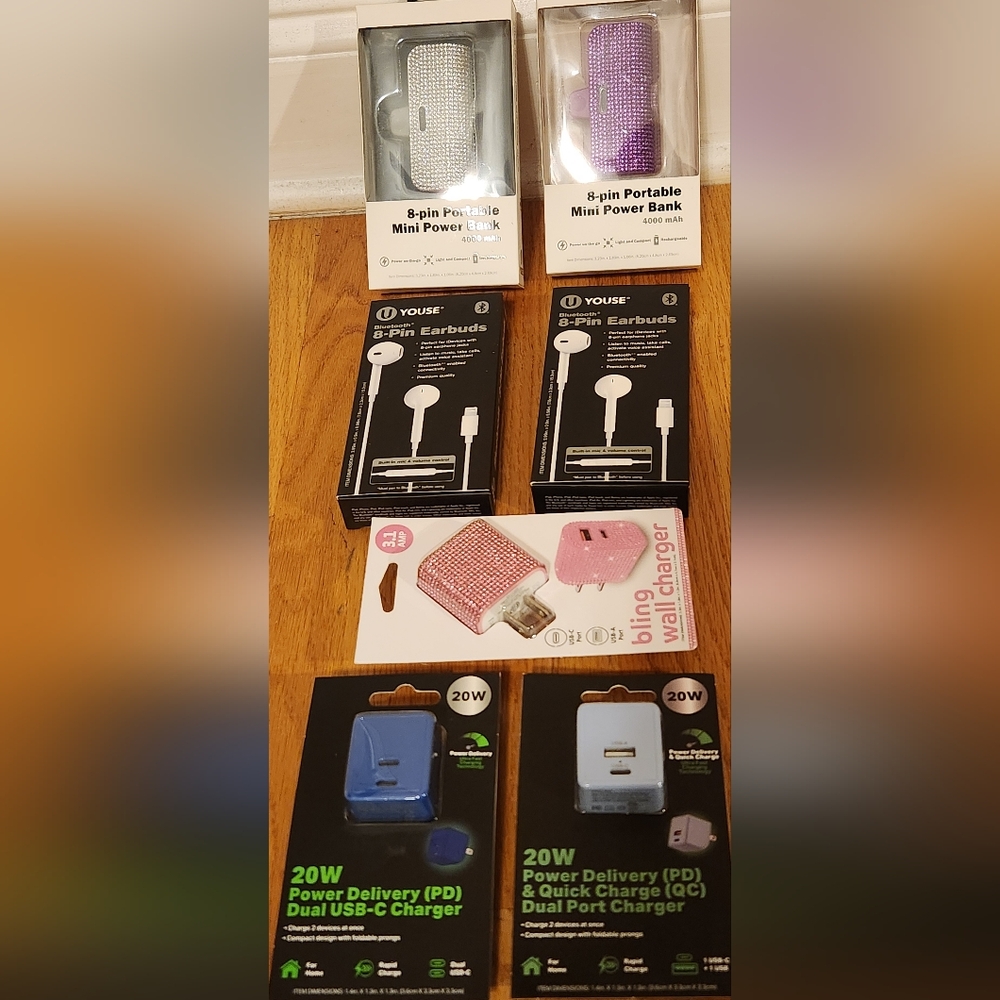 Bundle of Portable Mini Power Bank, 8 Pin Earbuds, Wall Charger, Power Delivery.